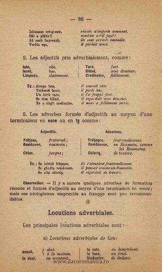 86- ----
                                                              _




                     Isbutesae orili-onm., -                          réseiiis n'importe connhent.
                     Oat: a plat:it      -                            combien .a-t-il payés'
                     At Bosh froprenna,                               ils sent arrives .ensemble.'
                     Verba      afia,                                 il pariah' ainsi.
                         -

                  2. Les adjectifs ,priS tadverbialement,.comnie,:
               lute,   .                ',rite.      -                  Tare.             fort.
              -Meet,                    pas. '                          Bland,            4vec doueenr.
                                                                                                -

                  Limped e,             clairement. -                   CredineIos,       fiddeMent.

                    Ex.: Merge. ute,'                                 il sourait vite.
                           Vorbeede -tuba, 7,                   il parle has.
                           Lie, lovit tare, -                 .11 Pa frappi fort.
                           -Se nits blAud,                      il regaaait avec douceur.
                           Na_ a slnjit creclinelos,                  il notes p. fitlelement semis.
                            ,
                                             ,
                                                         -.       .     '                 .
                                                                                            . ,

    _      3: Les. adverbes - fortnés- d"adjectifs au .inoyen- d'uno
    ..terminaison en esce: on en If conime:
                                 ,




                                Ádjectifs.,
                                    .    _
                                                                                      Adverbes.

                  FrApse,             ':fraternel ;                       Friteqçei' frafrrnellement.
                  Romanese,             ro.umain;                       - Romanesce,' en Bournain, domine
                                                                                                 les Rozimains._
                  alto,                 borgne                            Miter%           de
                                                                                             _   travere.
                                                 .


                     Ex.: Se inbisa friteque,                     .ils s' aimaient fraternellemen1.
                          Se gasclIa romanisce,                    il pensait ermmesénRoumain.
                          do nits ohlortf.,                           il regardait de travers..

             -011seivation.  Il y a encore quelques. idverbes 'de formation
        récente et formés d'adjectife au rnoyen d'une terminaison en mente;
        mats ces néelogispes em. prunt6s ad franOits, -Sent pea recomma
-       dables.


                                      .Lbeutiens adverbiales.
             -Les principales locutions adverbiales sont :
                                 _-
                                 a) Locutions adtierbiglos de lieu:



                                             www.dacoromanica.ro
                                f *dace.                                 la vale,         en descendant.
              acasit,                                                   la fund,          au fond.
                                1     it la maison.
              N del,                  en montant.                        Diniuntru,       de dedans.
 