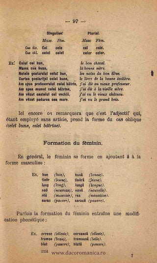 97' ----

                                SinguIfok                    Pluriel.
                          Masc.        Fan.            Man Rm.
           .Ca s   dir.   Cel          cele             cal       celd:
           'ass ebl.      celul        cold             color     calor.

  Ex: Caful eel       bun,                            le bon cheval:
       Mama cea                                       la bonne mire.           -


       Motel(' Icolarulul Miff bun,      les notes du bon eve.
       Cartea Icolaritei cele! bunt,     le livre de la bonne écolire.
       Am sPus prefesoruld celui bitrIn, jai dit au vieux professeur.
       Am opus mamef celei bitrfne,                   j'íi dit à la Vieille mère,
       Am vgzut castelul cel vechiti,                jai vu le vieux clateau.
       Am vgzut padurea calk mate,                   j'ai vu le grand bois.

       Ici encore                on remarquera que c'est radjectif qui,
 étant employé sans article,, proud la forme du cas oblique
 (eelet bune, eele'ï bdtrine).


                           Formation du féminin.

       En general, le féminin se forme en ajoutant à i                                  la
forme masculine :                  -                                       -




                   Ex,    bun   (bon),       bung    (bonne).
                          fingr (Aune),      tingrä (jéune).
                          lung  (long),      fungi (longue).
                          nog   (nouveau), noug (nouvelle).
                          rag   (rnuueizis), tea     (mauvaise).
                          sarac (pauvre),    saraci (pauvre).

      Parfois la forthation du féminin entrain° une. modifi-
.cation phonétique::'

                   Ex.    erresc (celeste),   .   corona' (celeste).



                                  www.dacoromanica.ro
                          frumos (beaU),          frumoasg (belle).
                          bTet     (pauvre), Matà             (pauvri).

                                                                                    7
 