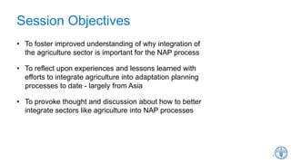 Session Objectives
• To foster improved understanding of why integration of
the agriculture sector is important for the NA...