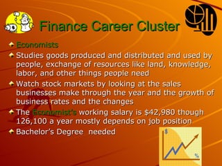 Finance Career Cluster   Economists Studies goods produced and distributed and used by people, exchange of resources like land, knowledge, labor, and other things people need  Watch stock markets by looking at the sales businesses make through the year and the growth of business rates and the changes The  Economist’s  working salary is $42,980 though 126,100 a year mostly depends on job position Bachelor’s Degree  needed 