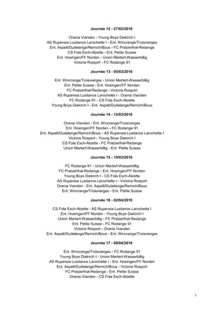 3
Journée 12 - 27/02/2016
Orania Vianden - Young Boys Diekirch I
AS Rupensia Lusitanos Larochette I - Ent. Wincrange/Troisvierges
Ent. Aspelt/Dudelange/Remich/Bous - FC Pratzerthal-Redange
CS Fola Esch-Alzette - Ent. Petite Suisse
Ent. Hosingen/FF Norden - Union Mertert-Wasserbillig
Victoria Rosport - FC Rodange 91
Journée 13 - 05/03/2016
Ent. Wincrange/Troisvierges - Union Mertert-Wasserbillig
Ent. Petite Suisse - Ent. Hosingen/FF Norden
FC Pratzerthal-Redange - Victoria Rosport
AS Rupensia Lusitanos Larochette I - Orania Vianden
FC Rodange 91 - CS Fola Esch-Alzette
Young Boys Diekirch I - Ent. Aspelt/Dudelange/Remich/Bous
Journée 14 - 12/03/2016
Orania Vianden - Ent. Wincrange/Troisvierges
Ent. Hosingen/FF Norden - FC Rodange 91
Ent. Aspelt/Dudelange/Remich/Bous - AS Rupensia Lusitanos Larochette I
Victoria Rosport - Young Boys Diekirch I
CS Fola Esch-Alzette - FC Pratzerthal-Redange
Union Mertert-Wasserbillig - Ent. Petite Suisse
Journée 15 - 19/03/2016
FC Rodange 91 - Union Mertert-Wasserbillig
FC Pratzerthal-Redange - Ent. Hosingen/FF Norden
Young Boys Diekirch I - CS Fola Esch-Alzette
AS Rupensia Lusitanos Larochette I - Victoria Rosport
Orania Vianden - Ent. Aspelt/Dudelange/Remich/Bous
Ent. Wincrange/Troisvierges - Ent. Petite Suisse
Journée 16 - 02/04/2016
CS Fola Esch-Alzette - AS Rupensia Lusitanos Larochette I
Ent. Hosingen/FF Norden - Young Boys Diekirch I
Union Mertert-Wasserbillig - FC Pratzerthal-Redange
Ent. Petite Suisse - FC Rodange 91
Victoria Rosport - Orania Vianden
Ent. Aspelt/Dudelange/Remich/Bous - Ent. Wincrange/Troisvierges
Journée 17 - 09/04/2016
Ent. Wincrange/Troisvierges - FC Rodange 91
Young Boys Diekirch I - Union Mertert-Wasserbillig
AS Rupensia Lusitanos Larochette I - Ent. Hosingen/FF Norden
Ent. Aspelt/Dudelange/Remich/Bous - Victoria Rosport
FC Pratzerthal-Redange - Ent. Petite Suisse
Orania Vianden - CS Fola Esch-Alzette
 