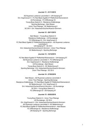 3
Journée 11 - 21/11/2015
AS Rupensia Lusitanos Larochette II - UN Kaerjeng 97
Ent. Itzig/Canach II - FC Red Black Egalité 07 Pfaffenthal-Weimerskirch
US Rumelange - FC Differdange 03
Young Boys Diekirch II - Résidence Walferdange
Sporting Bertrange - Atert Bissen
Union Titus Pétange - SC Bettembourg II
SC Ell II - Ent. Hobscheid-Eischen/Koerich-Simmern
Journée 12 - 28/11/2015
Atert Bissen - Young Boys Diekirch II
Résidence Walferdange - US Rumelange
FC Differdange 03 - Ent. Itzig/Canach II
FC Red Black Egalité 07 Pfaffenthal-Weimerskirch - AS Rupensia Lusitanos
Larochette II
UN Kaerjeng 97 - SC Ell II
Ent. Hobscheid-Eischen/Koerich-Simmern - Union Titus Pétange
SC Bettembourg II - Sporting Bertrange
Journée 13 - 12/12/2015
FC Red Black Egalité 07 Pfaffenthal-Weimerskirch - UN Kaerjeng 97
AS Rupensia Lusitanos Larochette II - FC Differdange 03
Ent. Itzig/Canach II - Résidence Walferdange
US Rumelange - Atert Bissen
Young Boys Diekirch II - SC Bettembourg II
Sporting Bertrange - Ent. Hobscheid-Eischen/Koerich-Simmern
Union Titus Pétange - SC Ell II
Journée 14 - 27/02/2016
Atert Bissen - AS Rupensia Lusitanos Larochette II
Union Titus Pétange - Sporting Bertrange
Résidence Walferdange - FC Red Black Egalité 07 Pfaffenthal-Weimerskirch
SC Bettembourg II - Ent. Itzig/Canach II
Ent. Hobscheid-Eischen/Koerich-Simmern - US Rumelange
SC Ell II - Young Boys Diekirch II
FC Differdange 03 - UN Kaerjeng 97
Journée 15 - 05/03/2016
Young Boys Diekirch II - Union Titus Pétange
US Rumelange - SC Ell II
Ent. Itzig/Canach II - Ent. Hobscheid-Eischen/Koerich-Simmern
AS Rupensia Lusitanos Larochette II - SC Bettembourg II
FC Red Black Egalité 07 Pfaffenthal-Weimerskirch - Atert Bissen
FC Differdange 03 - Résidence Walferdange
UN Kaerjeng 97 - Sporting Bertrange
 