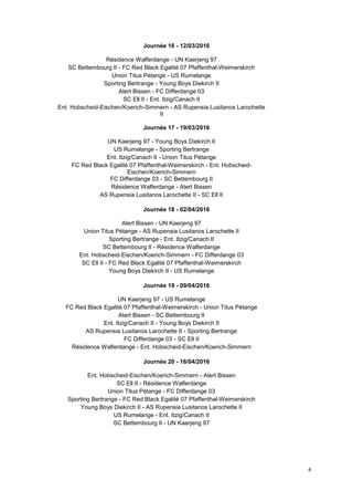 4
Journée 16 - 12/03/2016
Résidence Walferdange - UN Kaerjeng 97
SC Bettembourg II - FC Red Black Egalité 07 Pfaffenthal-Weimerskirch
Union Titus Pétange - US Rumelange
Sporting Bertrange - Young Boys Diekirch II
Atert Bissen - FC Differdange 03
SC Ell II - Ent. Itzig/Canach II
Ent. Hobscheid-Eischen/Koerich-Simmern - AS Rupensia Lusitanos Larochette
II
Journée 17 - 19/03/2016
UN Kaerjeng 97 - Young Boys Diekirch II
US Rumelange - Sporting Bertrange
Ent. Itzig/Canach II - Union Titus Pétange
FC Red Black Egalité 07 Pfaffenthal-Weimerskirch - Ent. Hobscheid-
Eischen/Koerich-Simmern
FC Differdange 03 - SC Bettembourg II
Résidence Walferdange - Atert Bissen
AS Rupensia Lusitanos Larochette II - SC Ell II
Journée 18 - 02/04/2016
Atert Bissen - UN Kaerjeng 97
Union Titus Pétange - AS Rupensia Lusitanos Larochette II
Sporting Bertrange - Ent. Itzig/Canach II
SC Bettembourg II - Résidence Walferdange
Ent. Hobscheid-Eischen/Koerich-Simmern - FC Differdange 03
SC Ell II - FC Red Black Egalité 07 Pfaffenthal-Weimerskirch
Young Boys Diekirch II - US Rumelange
Journée 19 - 09/04/2016
UN Kaerjeng 97 - US Rumelange
FC Red Black Egalité 07 Pfaffenthal-Weimerskirch - Union Titus Pétange
Atert Bissen - SC Bettembourg II
Ent. Itzig/Canach II - Young Boys Diekirch II
AS Rupensia Lusitanos Larochette II - Sporting Bertrange
FC Differdange 03 - SC Ell II
Résidence Walferdange - Ent. Hobscheid-Eischen/Koerich-Simmern
Journée 20 - 16/04/2016
Ent. Hobscheid-Eischen/Koerich-Simmern - Atert Bissen
SC Ell II - Résidence Walferdange
Union Titus Pétange - FC Differdange 03
Sporting Bertrange - FC Red Black Egalité 07 Pfaffenthal-Weimerskirch
Young Boys Diekirch II - AS Rupensia Lusitanos Larochette II
US Rumelange - Ent. Itzig/Canach II
SC Bettembourg II - UN Kaerjeng 97
 