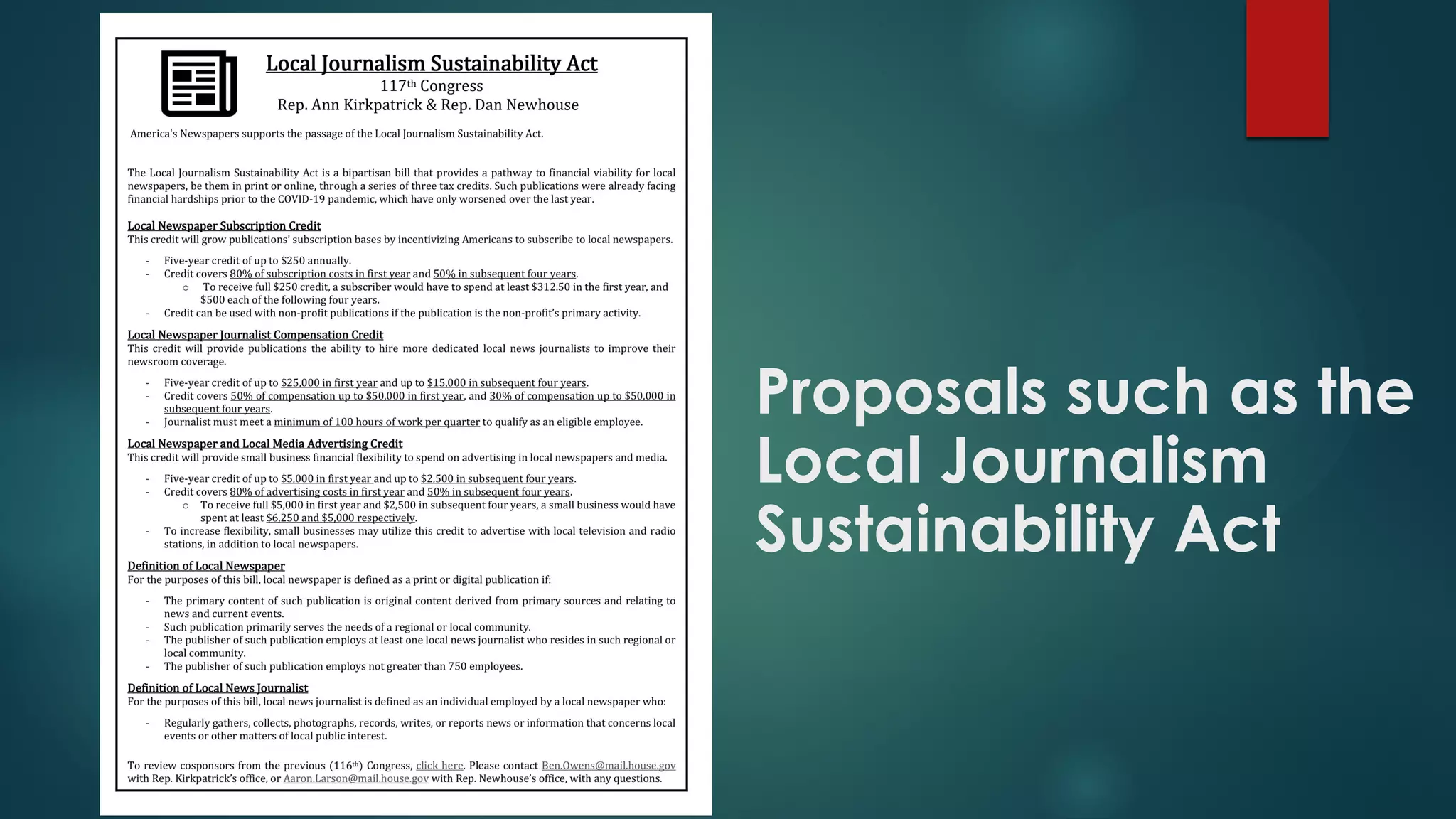 Proposals such as the
Local Journalism
Sustainability Act
 