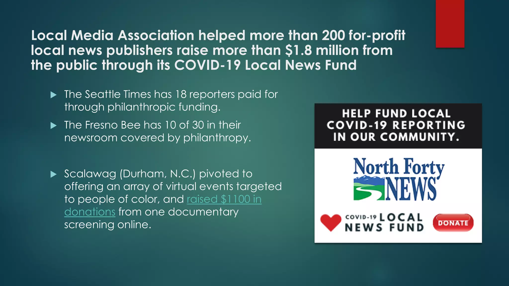Local Media Association helped more than 200 for-profit
local news publishers raise more than $1.8 million from
the public through its COVID-19 Local News Fund
 The Seattle Times has 18 reporters paid for
through philanthropic funding.
 The Fresno Bee has 10 of 30 in their
newsroom covered by philanthropy.
 Scalawag (Durham, N.C.) pivoted to
offering an array of virtual events targeted
to people of color, and raised $1100 in
donations from one documentary
screening online.
 