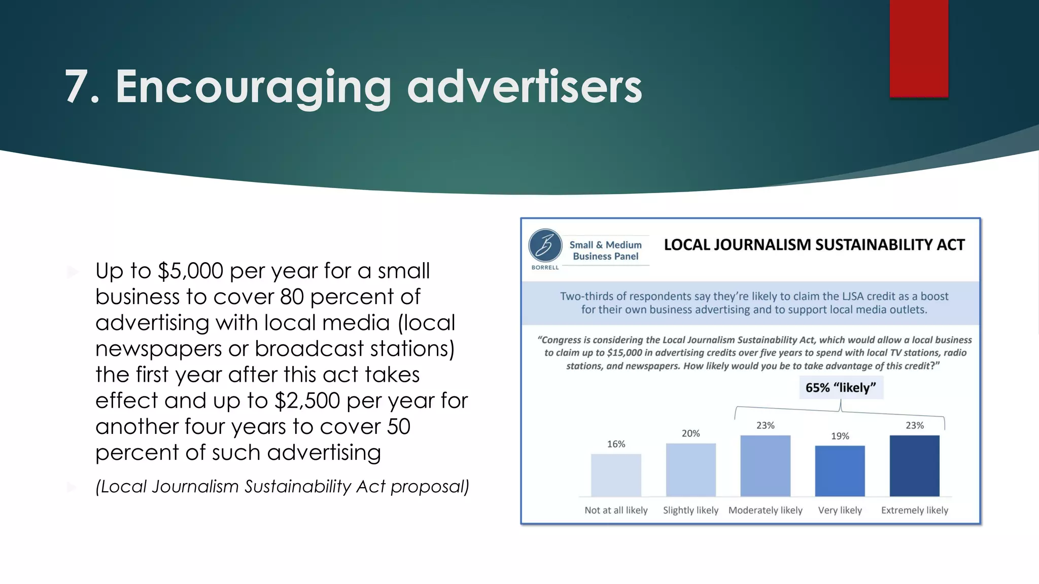 7. Encouraging advertisers
 Up to $5,000 per year for a small
business to cover 80 percent of
advertising with local media (local
newspapers or broadcast stations)
the first year after this act takes
effect and up to $2,500 per year for
another four years to cover 50
percent of such advertising
 (Local Journalism Sustainability Act proposal)
 