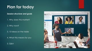 Plan for today
Session structure and goals
1. Why does this matter?
2. Why now?
3. 10 Ideas on the table
4. What this means for you
5. Q&A
 