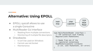 Alternative: Using EPOLL
● EPOLL syscall allows to use
a single Goroutine
● MultiReader Go interface
○ Reading from multiple connections
○ Monitoring of multiple file descriptors
● Drawbacks
○ It can’t be used on Windows
○ Cannot use net.Socket
○ Maintenance
main
loop
TCP
Multi
Read
type MultiPacketReader interface {
// TCP connection with framing
Register(conn PacketConn)
// Reads from one of the
// registered connections
ReadPackets(packets [][]byte)
(n int, conn PacketConn, err error)
}
chan
[ ]packet
 