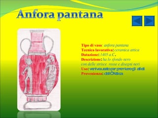 Tipo di vaso : anfora pantana Tecnica lavorativa :  ceramica attica Datazione :  1405 a.C . Descrizione :  ha lo sfondo nero  con delle strisce  rosse e disegni neri Uso :  veniva usato per premiare gli atleti Provenienza :  dall’ Attica 