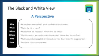 UNOFFICIAL
The Black and White View
Why
What
When
Where
Who
How
Has this been done before? What is different in this scenario?
What is the risk of harm?
What controls are necessary? Which ones are critical?
What information was used to make this decision? (where does it come from)
What rules are being applied (or rejected) and how do we know this is appropriate?
What other options are available?
A Perspective
 