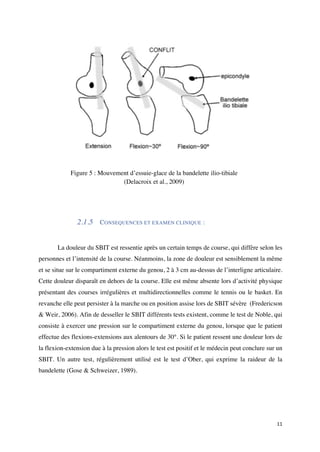 11	
2.1.5 CONSEQUENCES ET EXAMEN CLINIQUE :
La douleur du SBIT est ressentie après un certain temps de course, qui diffère selon les
personnes et l’intensité de la course. Néanmoins, la zone de douleur est sensiblement la même
et se situe sur le compartiment externe du genou, 2 à 3 cm au-dessus de l’interligne articulaire.
Cette douleur disparaît en dehors de la course. Elle est même absente lors d’activité physique
présentant des courses irrégulières et multidirectionnelles comme le tennis ou le basket. En
revanche elle peut persister à la marche ou en position assise lors de SBIT sévère (Fredericson
& Weir, 2006). Afin de desseller le SBIT différents tests existent, comme le test de Noble, qui
consiste à exercer une pression sur le compartiment externe du genou, lorsque que le patient
effectue des flexions-extensions aux alentours de 30°. Si le patient ressent une douleur lors de
la flexion-extension due à la pression alors le test est positif et le médecin peut conclure sur un
SBIT. Un autre test, régulièrement utilisé est le test d’Ober, qui exprime la raideur de la
bandelette (Gose & Schweizer, 1989).
Figure 5 : Mouvement d’essuie-glace de la bandelette ilio-tibiale
(Delacroix et al., 2009)
 