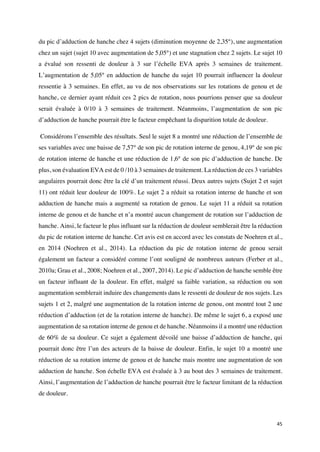 45	
du pic d’adduction de hanche chez 4 sujets (diminution moyenne de 2,35°), une augmentation
chez un sujet (sujet 10 avec augmentation de 5,05°) et une stagnation chez 2 sujets. Le sujet 10
a évalué son ressenti de douleur à 3 sur l’échelle EVA après 3 semaines de traitement.
L’augmentation de 5,05° en adduction de hanche du sujet 10 pourrait influencer la douleur
ressentie à 3 semaines. En effet, au vu de nos observations sur les rotations de genou et de
hanche, ce dernier ayant réduit ces 2 pics de rotation, nous pourrions penser que sa douleur
serait évaluée à 0/10 à 3 semaines de traitement. Néanmoins, l’augmentation de son pic
d’adduction de hanche pourrait être le facteur empêchant la disparition totale de douleur.
Considérons l’ensemble des résultats. Seul le sujet 8 a montré une réduction de l’ensemble de
ses variables avec une baisse de 7,57° de son pic de rotation interne de genou, 4,19° de son pic
de rotation interne de hanche et une réduction de 1,6° de son pic d’adduction de hanche. De
plus, son évaluation EVA est de 0 /10 à 3 semaines de traitement. La réduction de ces 3 variables
angulaires pourrait donc être la clé d’un traitement réussi. Deux autres sujets (Sujet 2 et sujet
11) ont réduit leur douleur de 100%. Le sujet 2 a réduit sa rotation interne de hanche et son
adduction de hanche mais a augmenté sa rotation de genou. Le sujet 11 a réduit sa rotation
interne de genou et de hanche et n’a montré aucun changement de rotation sur l’adduction de
hanche. Ainsi, le facteur le plus influant sur la réduction de douleur semblerait être la réduction
du pic de rotation interne de hanche. Cet avis est en accord avec les constats de Noehren et al.,
en 2014 (Noehren et al., 2014). La réduction du pic de rotation interne de genou serait
également un facteur a considéré comme l’ont souligné de nombreux auteurs (Ferber et al.,
2010a; Grau et al., 2008; Noehren et al., 2007, 2014). Le pic d’adduction de hanche semble être
un facteur influant de la douleur. En effet, malgré sa faible variation, sa réduction ou son
augmentation semblerait induire des changements dans le ressenti de douleur de nos sujets. Les
sujets 1 et 2, malgré une augmentation de la rotation interne de genou, ont montré tout 2 une
réduction d’adduction (et de la rotation interne de hanche). De même le sujet 6, a exposé une
augmentation de sa rotation interne de genou et de hanche. Néanmoins il a montré une réduction
de 60% de sa douleur. Ce sujet a également dévoilé une baisse d’adduction de hanche, qui
pourrait donc être l’un des acteurs de la baisse de douleur. Enfin, le sujet 10 a montré une
réduction de sa rotation interne de genou et de hanche mais montre une augmentation de son
adduction de hanche. Son échelle EVA est évaluée à 3 au bout des 3 semaines de traitement.
Ainsi, l’augmentation de l’adduction de hanche pourrait être le facteur limitant de la réduction
de douleur.
 