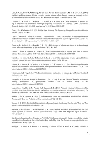 54	
Gent, R. N. van, Siem, D., Middelkoop, M. van, Os, A. G. van, Bierma-Zeinstra, S. M. A., & Koes, B. W. (2007).
Incidence and determinants of lower extremity running injuries in long distance runners: a systematic review.
British Journal of Sports Medicine, 41(8), 469‑480. https://doi.org/10.1136/bjsm.2006.033548
Golightly, Y. M., Allen, K. D., Helmick, C. G., Renner, J. B., & Jordan, J. M. (2009). Symptoms of the knee and
hip in individuals with and without limb length inequality. Osteoarthritis and Cartilage / OARS, Osteoarthritis
Research Society, 17(5), 596‑600. https://doi.org/10.1016/j.joca.2008.11.005
Gose, J. C., & Schweizer, P. (1989). Iliotibial band tightness. The Journal of Orthopaedic and Sports Physical
Therapy, 10(10), 399‑407.
Grau, S., Maiwald, C., Krauss, I., Axmann, D., & Horstmann, T. (2008). The influence of matching populations
on kinematic and kinetic variables in runners with iliotibial band syndrome. Research Quarterly for Exercise and
Sport, 79(4), 450‑457. https://doi.org/10.1080/02701367.2008.10599511
Gross, M. L., Davlin, L. B., & Evanski, P. M. (1991). Effectiveness of orthotic shoe inserts in the long-distance
runner. The American Journal of Sports Medicine, 19(4), 409‑412.
Hamill, J., Miller, R., Noehren, B., & Davis, I. (2008). A prospective study of iliotibial band strain in runners.
Clinical Biomechanics, 23(8), 1018‑1025. https://doi.org/10.1016/j.clinbiomech.2008.04.017
Hamill, J., van Emmerik, R. E., Heiderscheit, B. C., & Li, L. (1999). A dynamical systems approach to lower
extremity running injuries. Clinical Biomechanics (Bristol, Avon), 14(5), 297‑308.
Hinman, R. S., Bowles, K. A., Metcalf, B. B., Wrigley, T. V., & Bennell, K. L. (2012). Lateral wedge insoles for
medial knee osteoarthritis: Effects on lower limb frontal plane biomechanics. Clinical Biomechanics, 27(1), 27‑33.
https://doi.org/10.1016/j.clinbiomech.2011.07.010
Hintermann, B., & Nigg, B. M. (1998). Pronation in runners. Implications for injuries. Sports Medicine (Auckland,
N.Z.), 26(3), 169‑176.
Hollander, K., Riebe, D., Campe, S., Braumann, K.-M., & Zech, A. (2014). Effects of footwear on treadmill
running biomechanics in preadolescent children. Gait & Posture, 40(3), 381‑385.
https://doi.org/10.1016/j.gaitpost.2014.05.006
Incavo, S. J., Coughlin, K. M., Pappas, C., & Beynnon, B. D. (2003). Anatomic rotational relationships of the
proximal tibia, distal femur, and patella: Implications for rotational alignment in total knee arthroplasty1. The
Journal of Arthroplasty, 18(5), 643‑648. https://doi.org/10.1016/S0883-5403(03)00197-9
Jenkins, D. W., & Cauthon, D. J. (2011). Barefoot running claims and controversies: a review of the literature.
Journal of the American Podiatric Medical Association, 101(3), 231‑246.
Kaplan, E. B. (1958). The iliotibial tract; clinical and morphological significance. The Journal of Bone and Joint
Surgery. American Volume, 40-A(4), 817‑832.
Karduna, A. R., McClure, P. W., & Michener, L. A. (2000). Scapular kinematics: effects of altering the Euler
angle sequence of rotations. Journal of Biomechanics, 33(9), 1063‑1068. https://doi.org/10.1016/S0021-
9290(00)00078-6
Karrholm, J., Brandsson, S., & Freeman, M. A. (2000). Tibiofemoral movement 4: changes of axial tibial rotation
caused by forced rotation at the weight-bearing knee studied by RSA. The Journal of Bone and Joint Surgery.
British Volume, 82(8), 1201‑1203.
Kerrigan, D. C., Franz, J. R., Keenan, G. S., Dicharry, J., Della Croce, U., & Wilder, R. P. (2009). The effect of
 