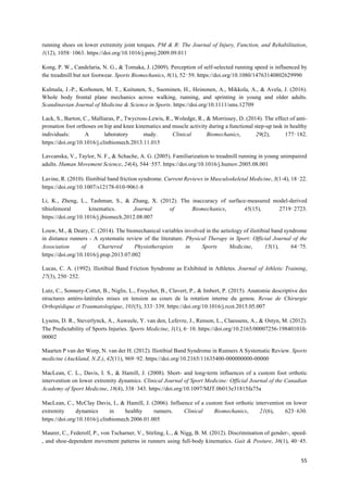 55	
running shoes on lower extremity joint torques. PM & R: The Journal of Injury, Function, and Rehabilitation,
1(12), 1058‑1063. https://doi.org/10.1016/j.pmrj.2009.09.011
Kong, P. W., Candelaria, N. G., & Tomaka, J. (2009). Perception of self-selected running speed is influenced by
the treadmill but not footwear. Sports Biomechanics, 8(1), 52‑59. https://doi.org/10.1080/14763140802629990
Kulmala, J.-P., Korhonen, M. T., Kuitunen, S., Suominen, H., Heinonen, A., Mikkola, A., & Avela, J. (2016).
Whole body frontal plane mechanics across walking, running, and sprinting in young and older adults.
Scandinavian Journal of Medicine & Science in Sports. https://doi.org/10.1111/sms.12709
Lack, S., Barton, C., Malliaras, P., Twycross-Lewis, R., Woledge, R., & Morrissey, D. (2014). The effect of anti-
pronation foot orthoses on hip and knee kinematics and muscle activity during a functional step-up task in healthy
individuals: A laboratory study. Clinical Biomechanics, 29(2), 177‑182.
https://doi.org/10.1016/j.clinbiomech.2013.11.015
Lavcanska, V., Taylor, N. F., & Schache, A. G. (2005). Familiarization to treadmill running in young unimpaired
adults. Human Movement Science, 24(4), 544‑557. https://doi.org/10.1016/j.humov.2005.08.001
Lavine, R. (2010). Iliotibial band friction syndrome. Current Reviews in Musculoskeletal Medicine, 3(1-4), 18‑22.
https://doi.org/10.1007/s12178-010-9061-8
Li, K., Zheng, L., Tashman, S., & Zhang, X. (2012). The inaccuracy of surface-measured model-derived
tibiofemoral kinematics. Journal of Biomechanics, 45(15), 2719‑2723.
https://doi.org/10.1016/j.jbiomech.2012.08.007
Louw, M., & Deary, C. (2014). The biomechanical variables involved in the aetiology of iliotibial band syndrome
in distance runners - A systematic review of the literature. Physical Therapy in Sport: Official Journal of the
Association of Chartered Physiotherapists in Sports Medicine, 15(1), 64‑75.
https://doi.org/10.1016/j.ptsp.2013.07.002
Lucas, C. A. (1992). Iliotibial Band Friction Syndrome as Exhibited in Athletes. Journal of Athletic Training,
27(3), 250‑252.
Lutz, C., Sonnery-Cottet, B., Niglis, L., Freychet, B., Clavert, P., & Imbert, P. (2015). Anatomie descriptive des
structures antéro-latérales mises en tension au cours de la rotation interne du genou. Revue de Chirurgie
Orthopédique et Traumatologique, 101(5), 333‑339. https://doi.org/10.1016/j.rcot.2015.05.007
Lysens, D. R., Steverlynck, A., Auweele, Y. van den, Lefevre, J., Renson, L., Claessens, A., & Ostyn, M. (2012).
The Predictability of Sports Injuries. Sports Medicine, 1(1), 6‑10. https://doi.org/10.2165/00007256-198401010-
00002
Maarten P van der Worp, N. van der H. (2012). Iliotibial Band Syndrome in Runners A Systematic Review. Sports
medicine (Auckland, N.Z.), 42(11), 969‑92. https://doi.org/10.2165/11635400-000000000-00000
MacLean, C. L., Davis, I. S., & Hamill, J. (2008). Short- and long-term influences of a custom foot orthotic
intervention on lower extremity dynamics. Clinical Journal of Sport Medicine: Official Journal of the Canadian
Academy of Sport Medicine, 18(4), 338‑343. https://doi.org/10.1097/MJT.0b013e31815fa75a
MacLean, C., McClay Davis, I., & Hamill, J. (2006). Influence of a custom foot orthotic intervention on lower
extremity dynamics in healthy runners. Clinical Biomechanics, 21(6), 623‑630.
https://doi.org/10.1016/j.clinbiomech.2006.01.005
Maurer, C., Federolf, P., von Tscharner, V., Stirling, L., & Nigg, B. M. (2012). Discrimination of gender-, speed-
, and shoe-dependent movement patterns in runners using full-body kinematics. Gait & Posture, 36(1), 40‑45.
 