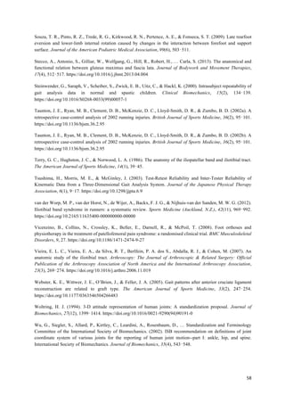 58	
Souza, T. R., Pinto, R. Z., Trede, R. G., Kirkwood, R. N., Pertence, A. E., & Fonseca, S. T. (2009). Late rearfoot
eversion and lower-limb internal rotation caused by changes in the interaction between forefoot and support
surface. Journal of the American Podiatric Medical Association, 99(6), 503‑511.
Stecco, A., Antonio, S., Gilliar, W., Wolfgang, G., Hill, R., Robert, H., … Carla, S. (2013). The anatomical and
functional relation between gluteus maximus and fascia lata. Journal of Bodywork and Movement Therapies,
17(4), 512‑517. https://doi.org/10.1016/j.jbmt.2013.04.004
Steinwender, G., Saraph, V., Scheiber, S., Zwick, E. B., Uitz, C., & Hackl, K. (2000). Intrasubject repeatability of
gait analysis data in normal and spastic children. Clinical Biomechanics, 15(2), 134‑139.
https://doi.org/10.1016/S0268-0033(99)00057-1
Taunton, J. E., Ryan, M. B., Clement, D. B., McKenzie, D. C., Lloyd-Smith, D. R., & Zumbo, B. D. (2002a). A
retrospective case-control analysis of 2002 running injuries. British Journal of Sports Medicine, 36(2), 95‑101.
https://doi.org/10.1136/bjsm.36.2.95
Taunton, J. E., Ryan, M. B., Clement, D. B., McKenzie, D. C., Lloyd-Smith, D. R., & Zumbo, B. D. (2002b). A
retrospective case-control analysis of 2002 running injuries. British Journal of Sports Medicine, 36(2), 95‑101.
https://doi.org/10.1136/bjsm.36.2.95
Terry, G. C., Hughston, J. C., & Norwood, L. A. (1986). The anatomy of the iliopatellar band and iliotibial tract.
The American Journal of Sports Medicine, 14(1), 39‑45.
Tsushima, H., Morris, M. E., & McGinley, J. (2003). Test-Retest Reliability and Inter-Tester Reliability of
Kinematic Data from a Three-Dimensional Gait Analysis System. Journal of the Japanese Physical Therapy
Association, 6(1), 9‑17. https://doi.org/10.1298/jjpta.6.9
van der Worp, M. P., van der Horst, N., de Wijer, A., Backx, F. J. G., & Nijhuis-van der Sanden, M. W. G. (2012).
Iliotibial band syndrome in runners: a systematic review. Sports Medicine (Auckland, N.Z.), 42(11), 969‑992.
https://doi.org/10.2165/11635400-000000000-00000
Vicenzino, B., Collins, N., Crossley, K., Beller, E., Darnell, R., & McPoil, T. (2008). Foot orthoses and
physiotherapy in the treatment of patellofemoral pain syndrome: a randomised clinical trial. BMC Musculoskeletal
Disorders, 9, 27. https://doi.org/10.1186/1471-2474-9-27
Vieira, E. L. C., Vieira, E. A., da Silva, R. T., Berlfein, P. A. dos S., Abdalla, R. J., & Cohen, M. (2007). An
anatomic study of the iliotibial tract. Arthroscopy: The Journal of Arthroscopic & Related Surgery: Official
Publication of the Arthroscopy Association of North America and the International Arthroscopy Association,
23(3), 269‑274. https://doi.org/10.1016/j.arthro.2006.11.019
Webster, K. E., Wittwer, J. E., O’Brien, J., & Feller, J. A. (2005). Gait patterns after anterior cruciate ligament
reconstruction are related to graft type. The American Journal of Sports Medicine, 33(2), 247‑254.
https://doi.org/10.1177/0363546504266483
Woltring, H. J. (1994). 3-D attitude representation of human joints: A standardization proposal. Journal of
Biomechanics, 27(12), 1399‑1414. https://doi.org/10.1016/0021-9290(94)90191-0
Wu, G., Siegler, S., Allard, P., Kirtley, C., Leardini, A., Rosenbaum, D., … Standardization and Terminology
Committee of the International Society of Biomechanics. (2002). ISB recommendation on definitions of joint
coordinate system of various joints for the reporting of human joint motion--part I: ankle, hip, and spine.
International Society of Biomechanics. Journal of Biomechanics, 35(4), 543‑548.
 