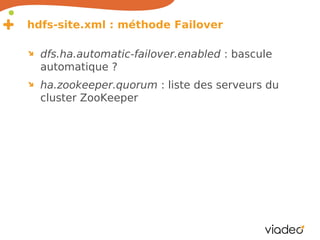 hdfs-site.xml : méthode Failover

  dfs.ha.automatic-failover.enabled : bascule
  automatique ?
  ha.zookeeper.quorum : liste des serveurs du
  cluster ZooKeeper
 
