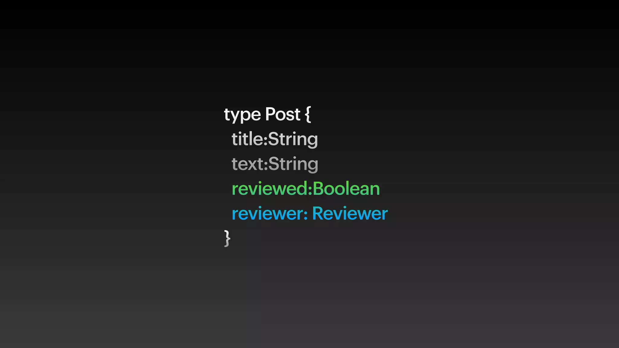 type Post {
title:String
text:String
reviewed:Boolean
reviewer: Reviewer
}
 