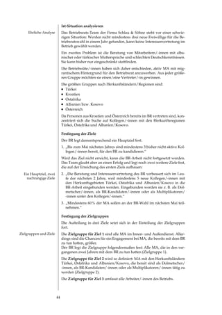 Ist-Situation analysieren
     Ehrliche Analyse        Das	 Betriebsrats-Team	 der	 Firma	 Schlau	 	 Söhne	 steht	 vor	 einer	 schwie­
                             rigen Situation: Werden nicht mindestens drei neue Freiwillige für die Be­
                             triebsratswahl in einem Jahr gefunden, kann keine Interessenvertretung im
                             Betrieb gewählt werden.
                             Ein zweites Problem ist die Beratung von Mitarbeitern/­innen mit alba­
                             nischer oder türkischer Muttersprache und schlechten Deutschkenntnissen.
                             Sie	kann	bisher	nur	eingeschränkt	stattfinden.
                             Die Betriebsräte/­innen haben sich daher entschieden, aktiv MA mit mig­
                             rantischem Hintergrund für den Betriebsrat anzuwerben. Aus jeder größe­
                             ren Gruppe möchten sie einen/eine Vertreter/­in gewinnen.
                             Die größten Gruppen nach Herkunftsländern/Regionen sind:
                             l	 Türkei

                             l	 Kroatien

                             l	 Ostafrika

                             l	 Albanien bzw. Kosovo

                             l	 Österreich


                             Da Personen aus Kroatien und Österreich bereits im BR vertreten sind, kon­
                             zentriert sich die Suche auf Kollegen/­innen mit den Herkunftsregionen
                             Türkei, Ostafrika und Albanien/Kosovo.

                             Festlegung der Ziele
                             Der BR legt dementsprechend ein Hauptziel fest:
                             1. „Bis zum Mai nächsten Jahres sind mindestens  bisher nicht aktive Kol­
                                legen/­innen bereit, für den BR zu kandidieren.“
                             Wird das Ziel nicht erreicht, kann die BR­Arbeit nicht fortgesetzt werden.
                             Das Team glaubt aber an einen Erfolg und legt noch zwei weitere Ziele fest,
                             die auf der Erreichung des ersten Ziels aufbauen:
  Ein Hauptziel, zwei        . „Die Beratung und Interessenvertretung des BR verbessert sich im Lau­
    nachrangige Ziele           fe der nächsten  Jahre, weil mindestens  neue Kollegen/­innen mit
                                den Herkunftsgebieten Türkei, Ostafrika und Albanien/Kosovo in die
                                BR­Arbeit eingebunden werden. Eingebunden werden sie z. B. als Dol­
                                metscher/­innen, als BR­Kandidaten/­innen oder als Multiplikatoren/
                                ­innen unter den Kollegen/­innen.“
                             . „Mindestens 0 % der MA sollen an der BR­Wahl im nächsten Mai teil­
                                nehmen.“

                             Festlegung der Zielgruppen
                             Die Aufteilung in drei Ziele setzt sich in der Einteilung der Zielgruppen
                             fort.
Zielgruppen und Ziele        Die Zielgruppe für Ziel 1 sind alle MA im Innen­ und Außendienst. Aller­
                             dings sind die Chancen für ein Engagement bei MA, die bereits mit dem BR
                             zu tun hatten, größer.
                             Der BR legt die Zielgruppe folgendermaßen fest: Alle MA, die in den ver­
                             gangenen zwei Jahren mit dem BR zu tun hatten (Zielgruppe 1).
                             Die Zielgruppe für Ziel 2	wird	so	definiert:	MA	mit	den	Herkunftsländern	
                             Türkei, Ostafrika und Albanien/Kosovo, die bereit sind als Dolmetscher/
                             ­innen, als BR­Kandidaten/­innen oder als Multiplikatoren/­innen tätig zu
                             werden (Zielgruppe ).
                             Die Zielgruppe für Ziel 3 umfasst alle Arbeiter/­innen des Betriebs.



                        
 