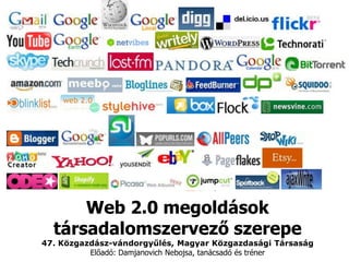 Web 2.0 megoldások
  társadalomszervező szerepe
47. Közgazdász-vándorgyűlés, Magyar Közgazdasági Társaság
          Előadó: Damjanovich Nebojsa, tanácsadó és tréner
 
