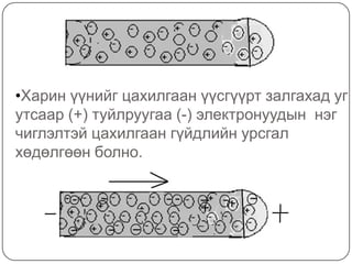 Харин үүнийг цахилгаан үүсгүүрт залгахад уг утсаар (+) туйлруугаа (-) электронуудын  нэг  чиглэлтэй цахилгаан гүйдлийн урсгал хөдөлгөөн болно.Энэ  үед (-) электронуудын урсах хөдөлгөөнд (+) ионууд саад болж байгаа. Энэ саадыг цахилгаан гүйдэл гүйж байгаа дамжуулагчийн эсэргүүцэл  гэнэ. Дамжуулагчийн эсэргүүцлийг R –р тэмдэглэж , Ом гэсэн нэгжтэй . RДамжуулагчийн эсэргүүцлийг тооцоолох нь:R=ρ*L/S-Sхөндлөн огтлолын  талбай нь R  дамжуулагчийн эсэргүүцэлд  урвуу пропорциональ байна.- Lдамжуулагч биеийн урт  нь  R  дамжуулагчийн эсэргүүцэлд  шууд пропорциональ байна. -ρдамжуулагчийн хувийн эсэргүүцэл
