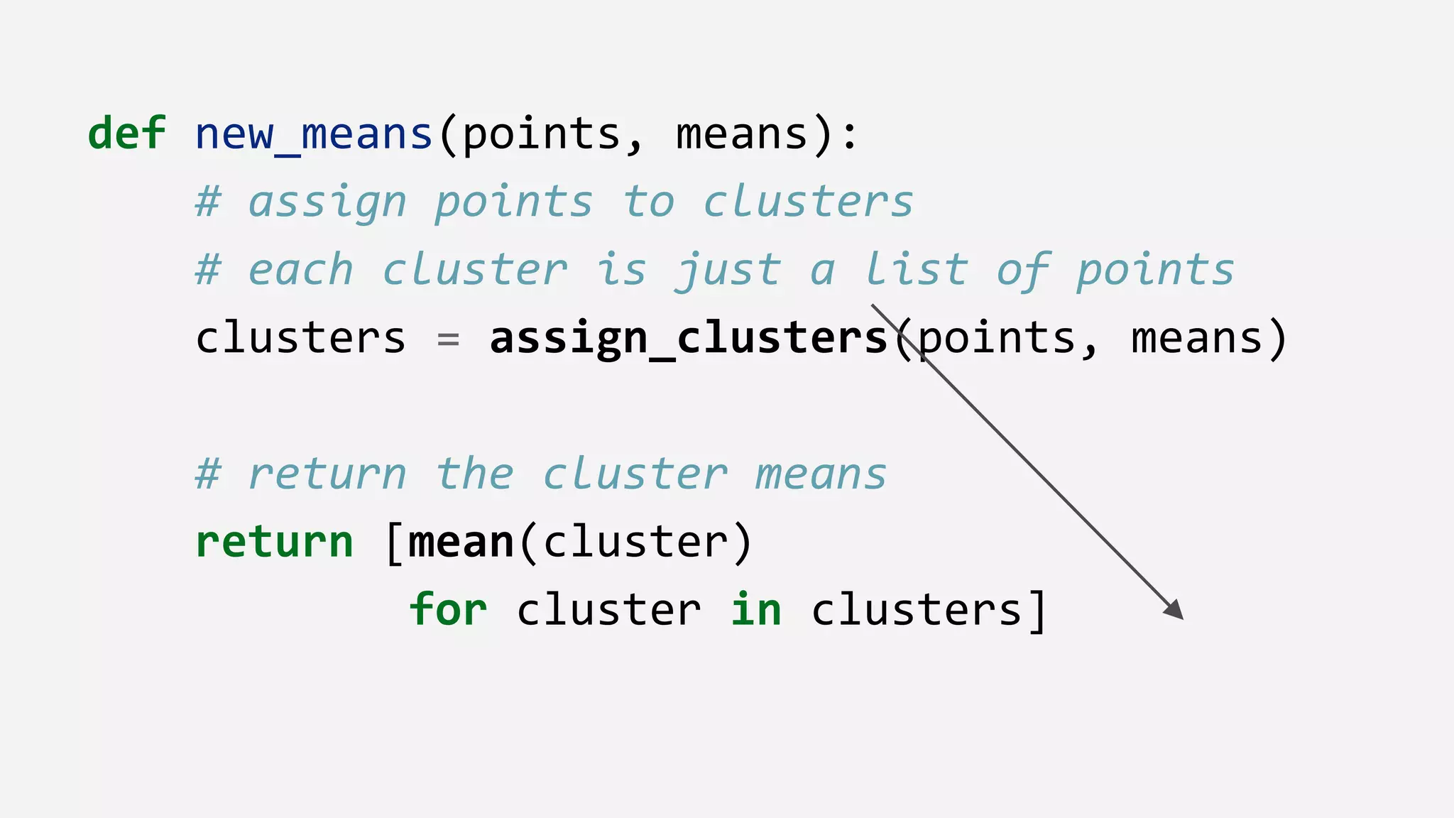 def new_means(points, means):
# assign points to clusters
# each cluster is just a list of points
clusters = assign_clusters(points, means)
# return the cluster means
return [mean(cluster)
for cluster in clusters]
 