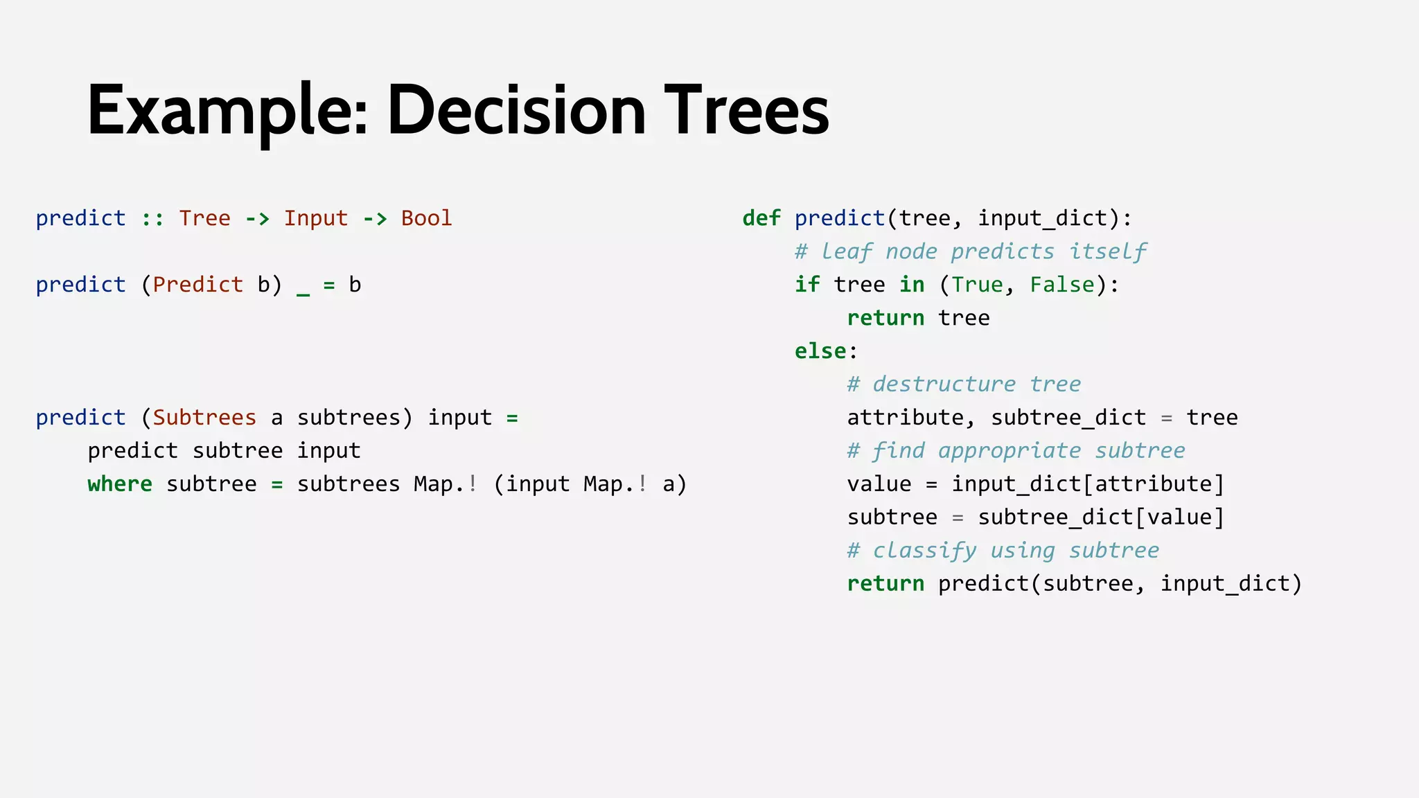 predict :: Tree -> Input -> Bool
predict (Predict b) _ = b
predict (Subtrees a subtrees) input =
predict subtree input
where subtree = subtrees Map.! (input Map.! a)
Example: Decision Trees
def predict(tree, input_dict):
# leaf node predicts itself
if tree in (True, False):
return tree
else:
# destructure tree
attribute, subtree_dict = tree
# find appropriate subtree
value = input_dict[attribute]
subtree = subtree_dict[value]
# classify using subtree
return predict(subtree, input_dict)
 