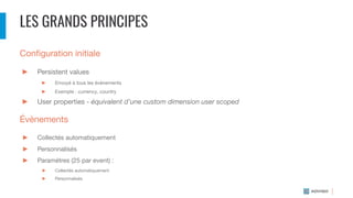 LES GRANDS PRINCIPES
Conﬁguration initiale
► Persistent values
► Envoyé à tous les évènements
► Exemple : currency, country
► User properties - équivalent d’une custom dimension user scoped
Évènements
► Collectés automatiquement
► Personnalisés
► Paramètres (25 par event) :
► Collectés automatiquement
► Personnalisés
 
