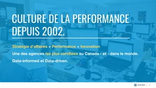 5
CULTURE DE LA PERFORMANCE
DEPUIS 2002.
Stratégie d’aﬀaires + Performance + Innovation
Une des agences les plus certiﬁées au Canada - et - dans le monde.
Data-informed et Data-driven.
 