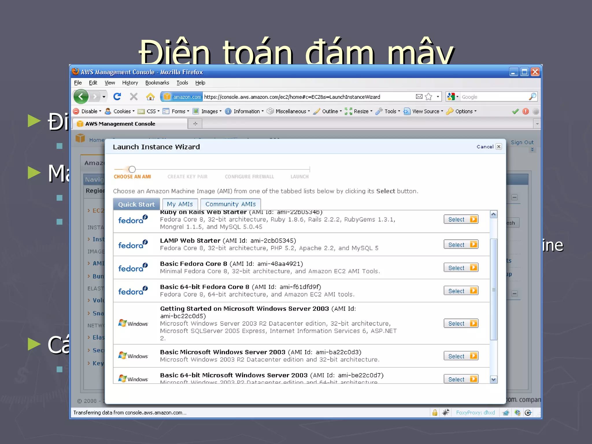 Điện toán đám mây Điện toán đám mây là gì Tính toán lưới (grid) Máy chủ web đám mây Amazon Web Services Amazon Elastic Compute Cloud (EC2) Tin cậy, có thể khởi tạo hoặc huỷ các thể hiện Amazon Machine Images (AMI) Bảo mật Bảo đảm bền vững qua các vị trí địa lý Giá thành rẻ Các dịch vụ tối ưu máy chủ  (trang sau) 