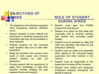 OBJECTIVES OF
SIWES
 The objectives of the Student Industrial
Work Experience Scheme (SIWES)
are to
 Expose students to work method and
techniques in handling equipment and
machinery that may not be available in
their institution.
 Prepare students for the industrial
work situation they are to meet after
graduation.
 Make the transition from school to the
world of work easier and enhance
student contract for later job
placement.
 Provide student with an opportunity to
apply their knowledge in real work
situation thereby bridging the gap
between theory and practice.
ROLE OF STUDENT
DURING SIWES
 Student must take the SIWES
programme very serious.
 Student is to report for duty daily and
punctually and to continue working
until closing time excluding public
holiday.
 Student must be obedient i.e. obey the
rules and regulation laid down by the
company’s authority.
 Student must be polite and respectful
when talking to the industrial based
supervisor and other workers in the
industry.
 Student must be responsible to the
supervisor in-charge of the company.
 Student must protect and safeguard
employer’s property throughout the
period of training.
 