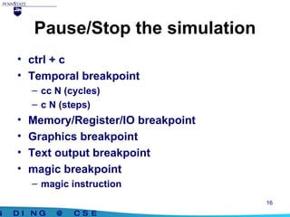 Pause/Stop the simulation ctrl + c Temporal breakpoint cc N (cycles) c N (steps) Memory/Register/IO breakpoint Graphics breakpoint Text output breakpoint magic breakpoint magic instruction 