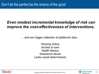 Even modest incremental knowledge of risk can
improve the cost-effectiveness of interventions.
Don’t let the perfect be the enemy of the good
14Predictive Analytics World, San Francisco, April 5, 2016
… and can trigger collection of additional data…
Housing status
Access to care
Health literacy
Substance abuse
Lacks social determinants
 