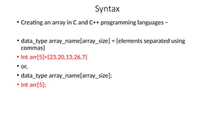 Syntax
• Creating an array in C and C++ programming languages −
• data_type array_name[array_size] = {elements separated using
commas}
• Int arr[5]={23,20,13,26,7}
• or,
• data_type array_name[array_size];
• Int arr[5];
 