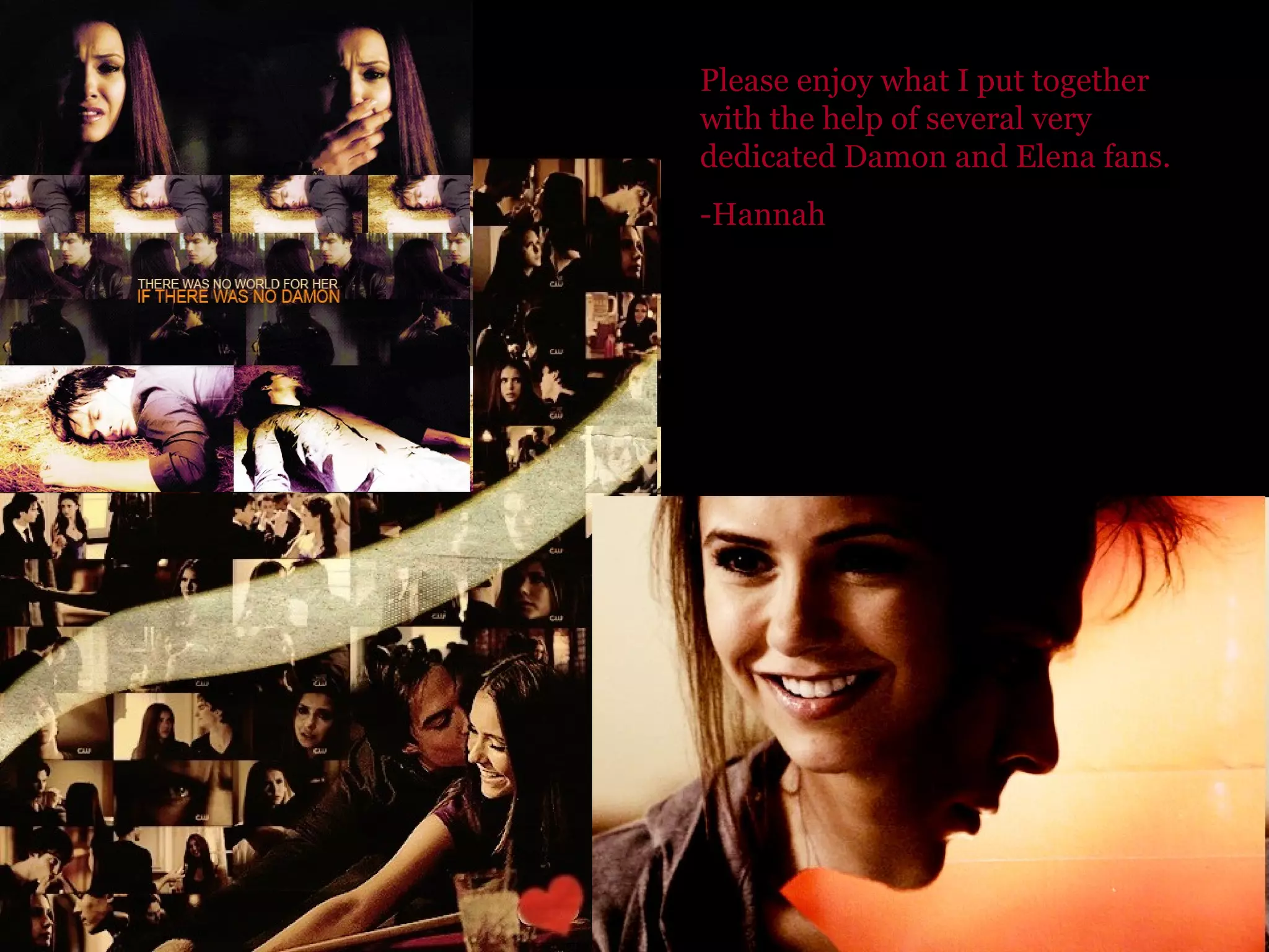 Please enjoy what I put together with the help of several very dedicated Damon and Elena fans. -Hannah 