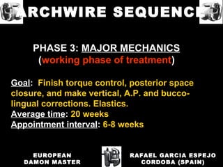 PHASE 3: MAJOR MECHANICS
(working phase of treatment)
Goal: Finish torque control, posterior space
closure, and make vertical, A.P. and bucco-
lingual corrections. Elastics.
Average time: 20 weeks
Appointment interval: 6-8 weeks
RAFAEL GARCIA ESPEJO
CORDOBA (SPAIN)
EUROPEAN
DAMON MASTER
ARCHWIRE SEQUENCE
 