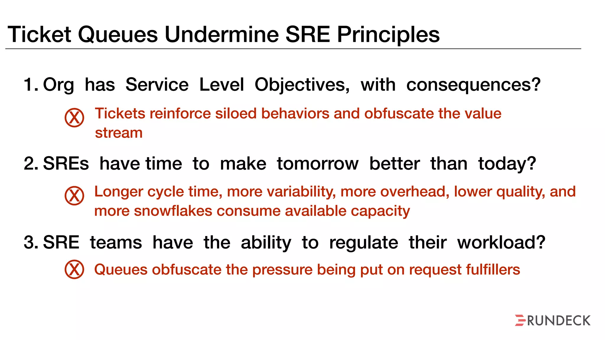 Ticket Queues Undermine SRE Principles
1. Org has Service Level Objectives, with consequences?
2. SREs have time to make tomorrow better than today?
3. SRE teams have the ability to regulate their workload?
Tickets reinforce siloed behaviors and obfuscate the value
stream
X
Longer cycle time, more variability, more overhead, lower quality, and
more snowflakes consume available capacity
X
Queues obfuscate the pressure being put on request fulfillersX
 