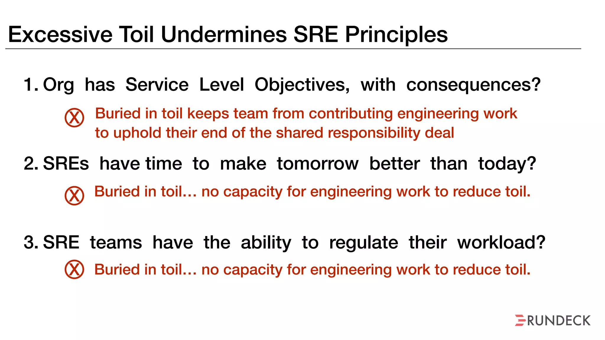 Excessive Toil Undermines SRE Principles
1. Org has Service Level Objectives, with consequences?
2. SREs have time to make tomorrow better than today?
3. SRE teams have the ability to regulate their workload?
Buried in toil keeps team from contributing engineering work
to uphold their end of the shared responsibility deal
X
Buried in toil… no capacity for engineering work to reduce toil.X
Buried in toil… no capacity for engineering work to reduce toil.X
 