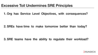 Excessive Toil Undermines SRE Principles
1. Org has Service Level Objectives, with consequences?
2. SREs have time to make...