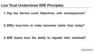 Low Trust Undermines SRE Principles
1. Org has Service Level Objectives, with consequences?
2. SREs have time to make tomo...