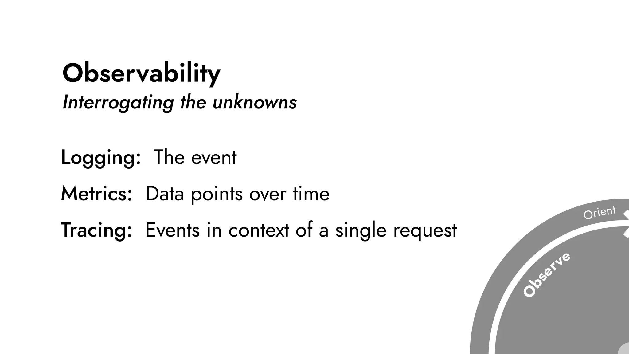 Observability
Interrogating the unknowns
Logging: The event
Metrics: Data points over time
Tracing: Events in context of a single request
 