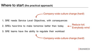 Where to start (the practical approach)
1. SRE needs Service Level Objectives, with consequences

2. SREs have time to make tomorrow better than today

3. SRE teams have the ability to regulate their workload
Company-wide culture change (hard!)
Company-wide culture change (hard!)
Reduce toil. 
Everybody wins!
 
