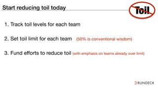 Start reducing toil today
1. Track toil levels for each team

2. Set toil limit for each team (50% is conventional wisdom)

3. Fund efforts to reduce toil (with emphasis on teams already over limit)
Toil
 