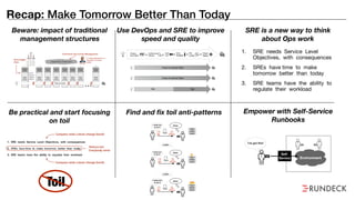 Recap: Make Tomorrow Better Than Today
Beware: impact of traditional
management structures
Be practical and start focusing
on toil
Find and fix toil anti-patterns Empower with Self-Service
Runbooks
SRE is a new way to think
about Ops work
1. SRE needs Service Level
Objectives, with consequences

2. SREs have time to make
tomorrow better than today

3. SRE teams have the ability to
regulate their workload
Done.I need you
to do X
Your
other
work
I need you
to do X
I need you
to do X
Ticket
Do X
Later…
Do X
Do X
Done.
Done.
Your
other
work
Self-Service
Self-Service
Self-Service
Your
other
work x2
Your
other
work x3
Later…Later…
Later…
Your
other
work
Your
other
work
After
Before
Wait Interrupt
Ticket
Wait Interrupt
Ticket
Wait Interrupt
Toil
Use DevOps and SRE to improve
speed and quality
After
I’ve got this!
Environment
Self-
Service
 