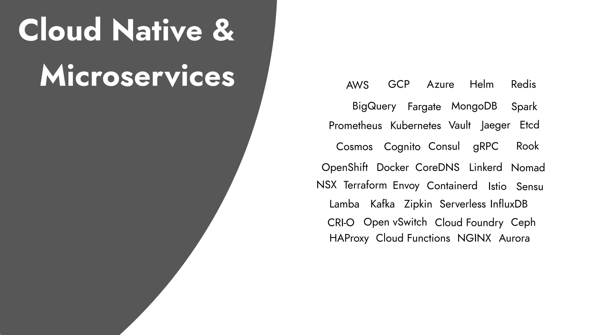 Kubernetes
AWS GCP Azure
Docker
Consul
Terraform Istio
Zipkin
Envoy
Serverless
OpenShift
KafkaLamba
Prometheus
Containerd
Helm
Cloud Foundry
Linkerd
Etcd
CoreDNS
MongoDB
Redis
InfluxDB
Jaeger
gRPC
CRI-O
Cognito
Fargate
Cloud Functions
Cosmos
BigQuery Spark
Rook
Ceph
NGINXHAProxy
Open vSwitch
NSX Sensu
Vault
Aurora
Nomad
 
