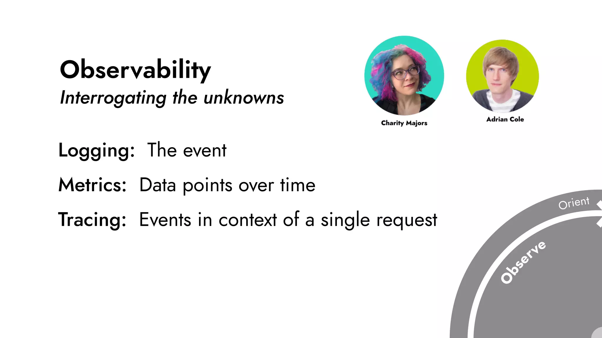 Observability
Interrogating the unknowns
Logging: The event
Metrics: Data points over time
Tracing: Events in context of a single request
 