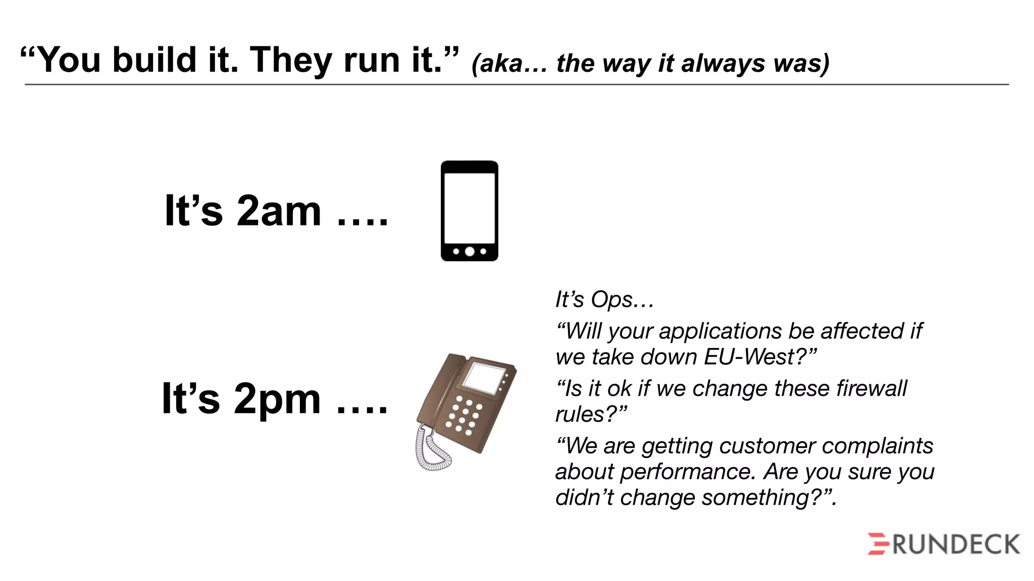 “You build it. They run it.” (aka… the way it always was)
It’s 2am ….
It’s 2pm ….
It’s Ops…
“Will your applications be affected if
we take down EU-West?”
“Is it ok if we change these firewall
rules?”
“We are getting customer complaints
about performance. Are you sure you
didn’t change something?”.
 