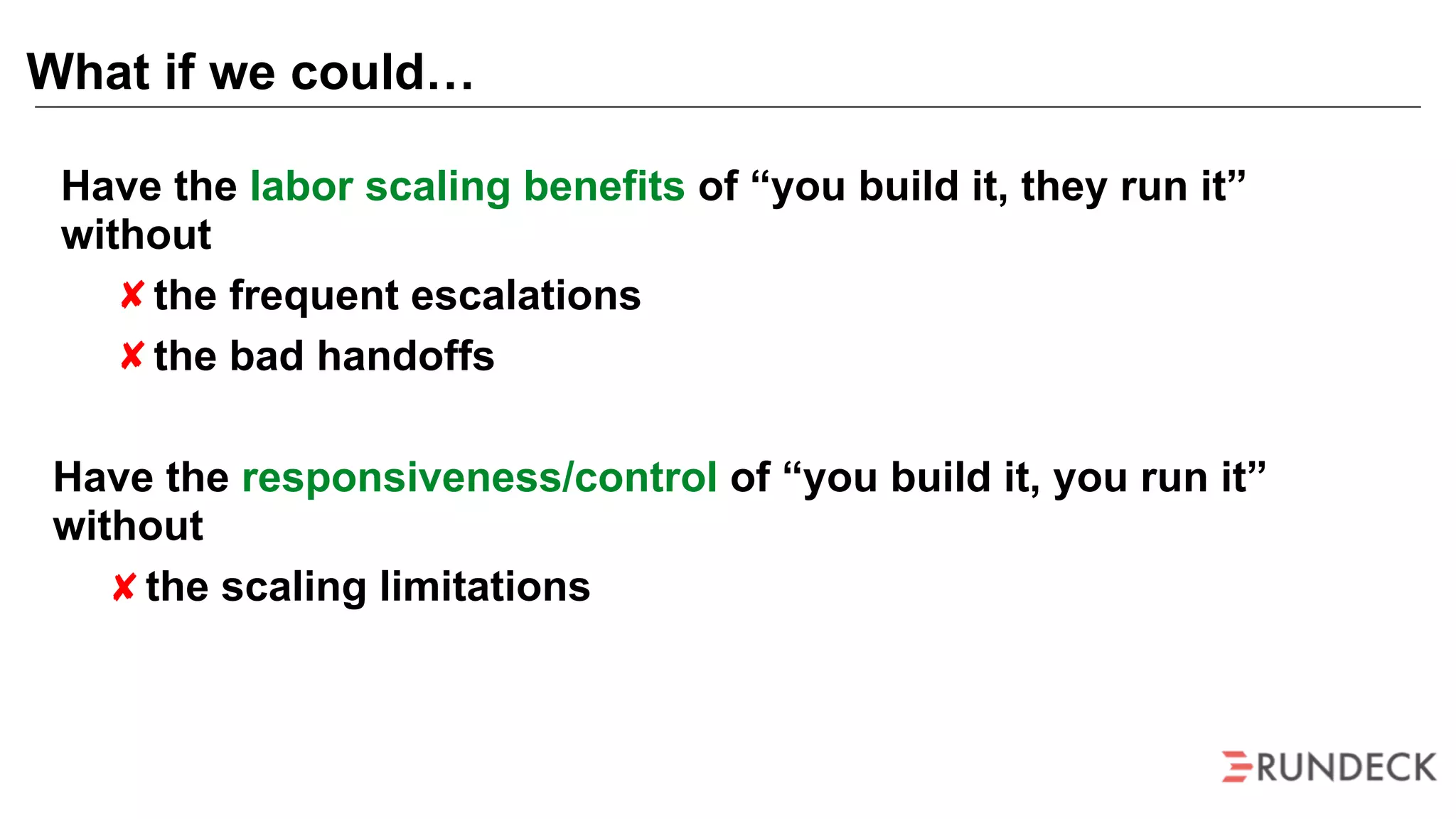 Have the labor scaling benefits of “you build it, they run it”
without
the frequent escalations
the bad handoffs
What if we could…
Have the responsiveness/control of “you build it, you run it”
without
the scaling limitations
 