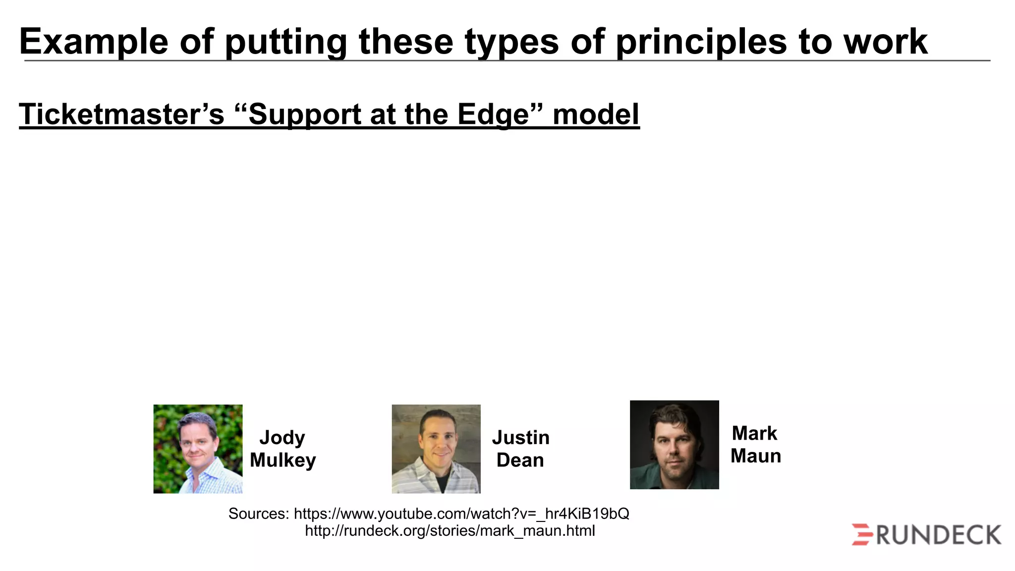 Example of putting these types of principles to work
Mark
Maun
Jody
Mulkey
Justin
Dean
Sources: https://www.youtube.com/watch?v=_hr4KiB19bQ
http://rundeck.org/stories/mark_maun.html
Ticketmaster’s “Support at the Edge” model
 