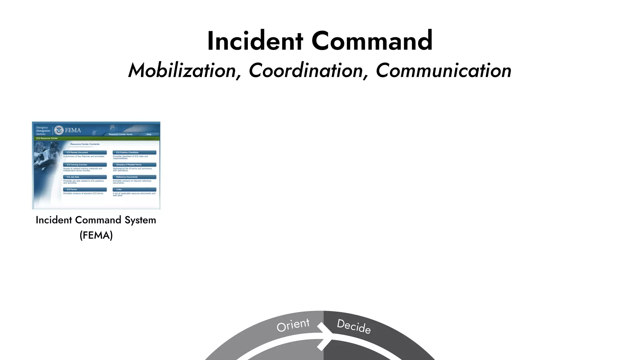 Incident Command
Mobilization, Coordination, Communication
Incident Command System
(FEMA)
 