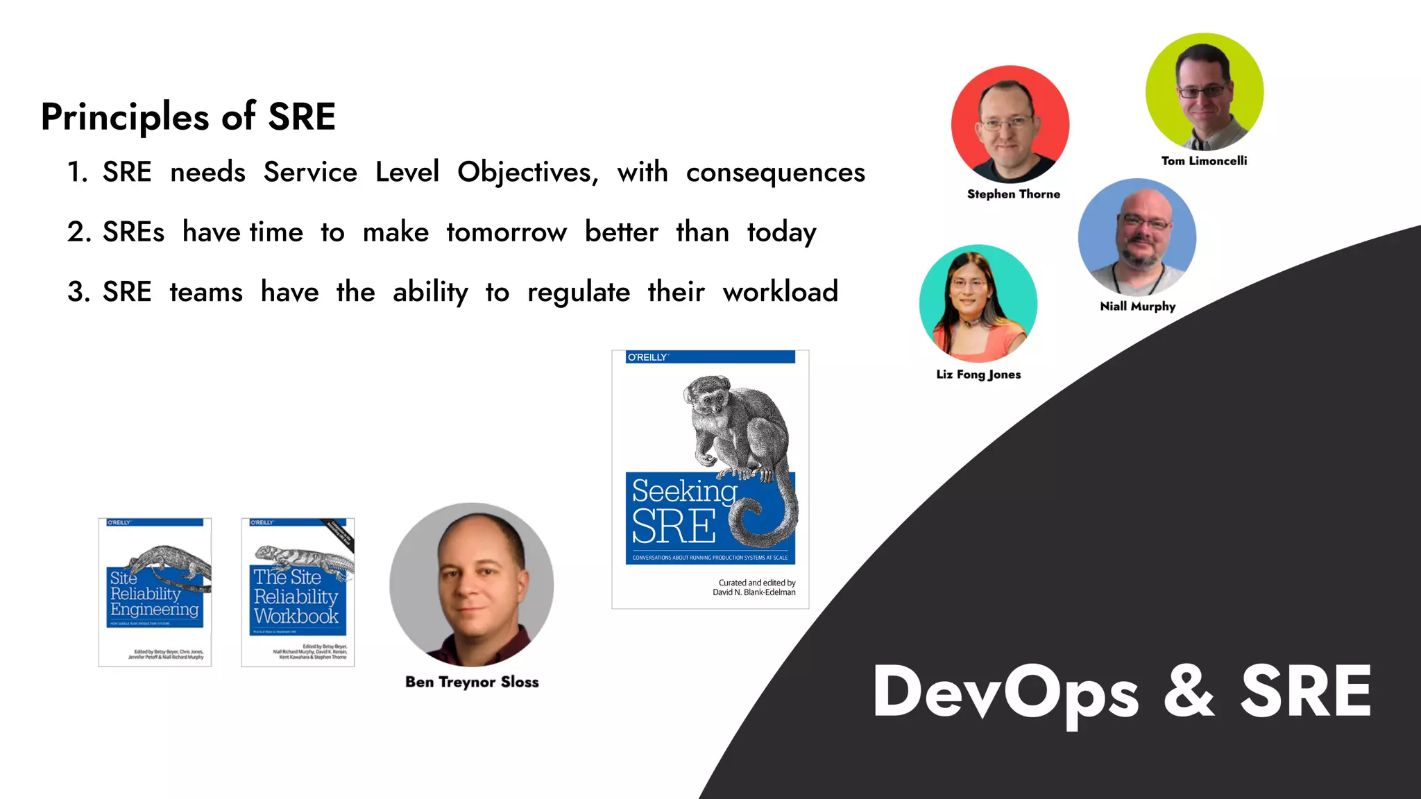 1. SRE needs Service Level Objectives, with consequences
2. SREs have time to make tomorrow better than today
3. SRE teams have the ability to regulate their workload
Principles of SRE
 